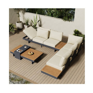 4 Pieces Modern L Shape Wood Outdoor Sectional Sofa Set with Coffee Table in Beige