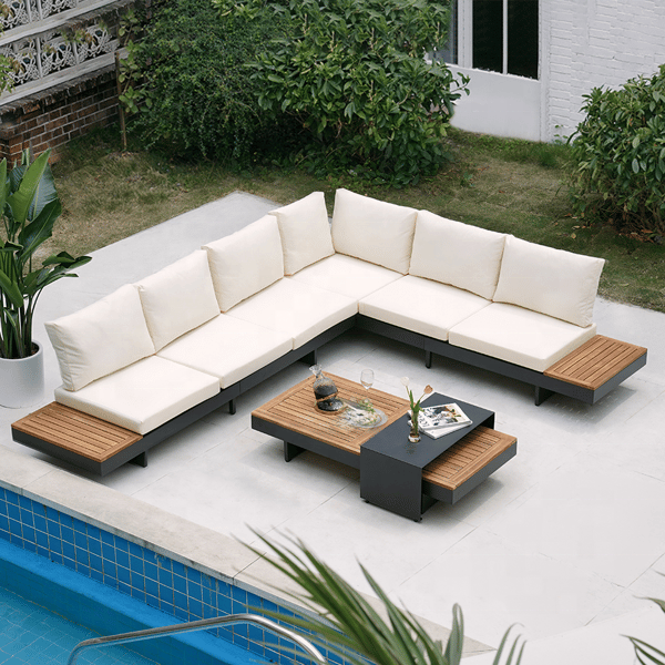 4 Pieces Modern L Shape Wood Outdoor Sectional Sofa Set with Coffee Table in Beige