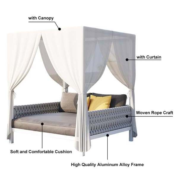 Balcony Hotel Modern Garden Furniture White Aluminum Gray Woven Rope 2-Person Outdoor Patio Daybed With Canopy Curtains