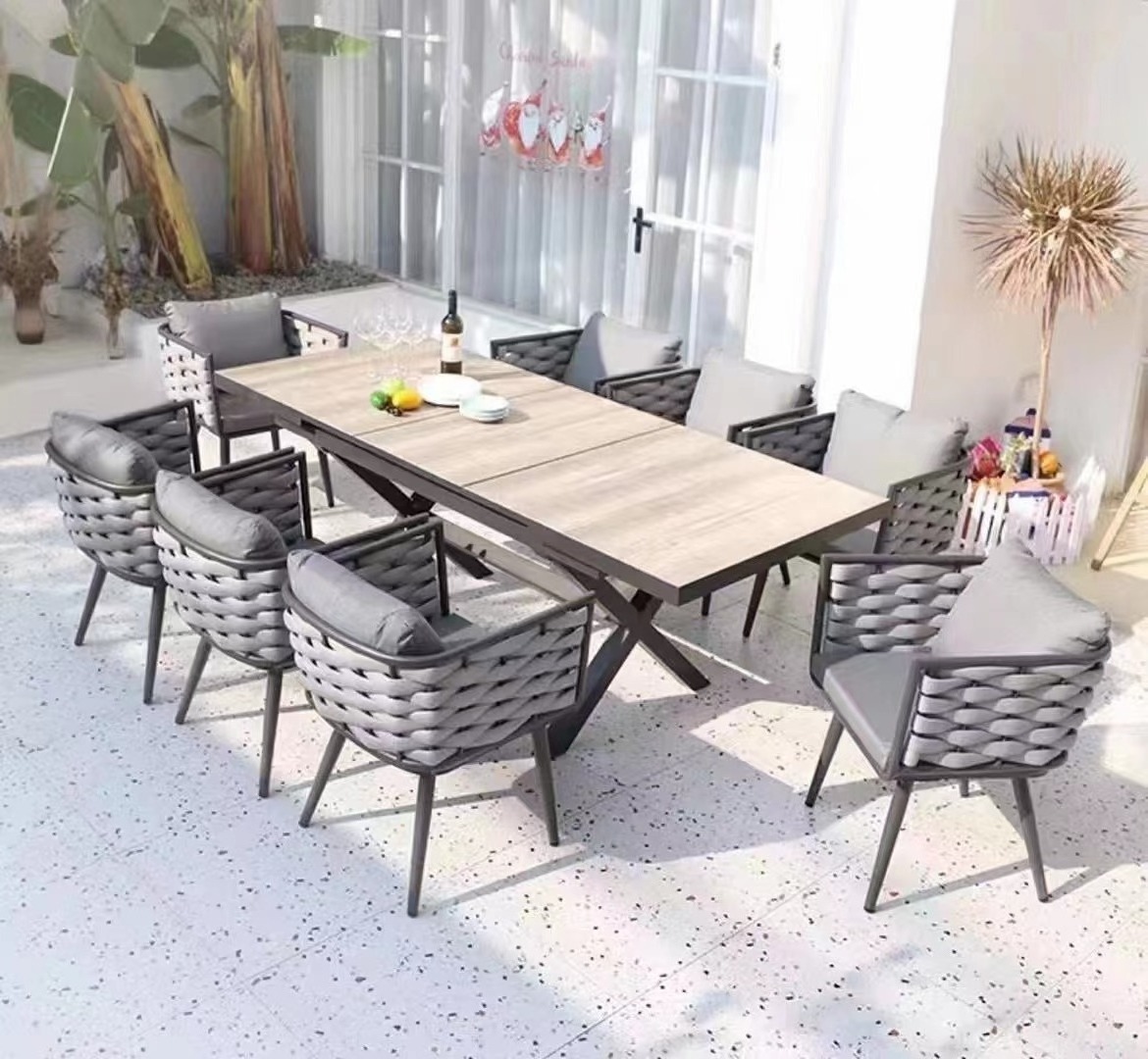 Patio Furniture Wood Outdoor Extend Dining Table Set Aluminium Outdoor Dining Set