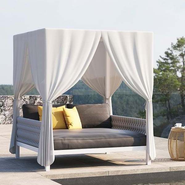 Balcony Hotel Modern Garden Furniture White Aluminum Gray Woven Rope 2-Person Outdoor Patio Daybed With Canopy Curtains