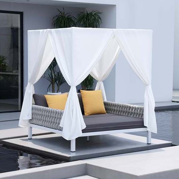 Balcony Hotel Modern Garden Furniture White Aluminum Gray Woven Rope 2-Person Outdoor Patio Daybed With Canopy Curtains