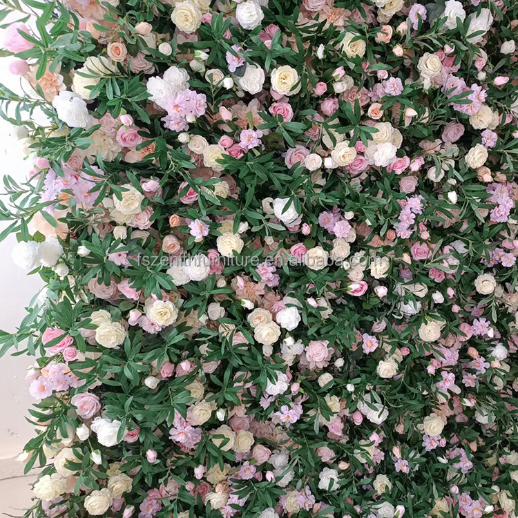 Top Quality Artificial Silk Flowers Pink and Green Flower Wall Wedding Decor Roll Up Flower Wall 2.4m