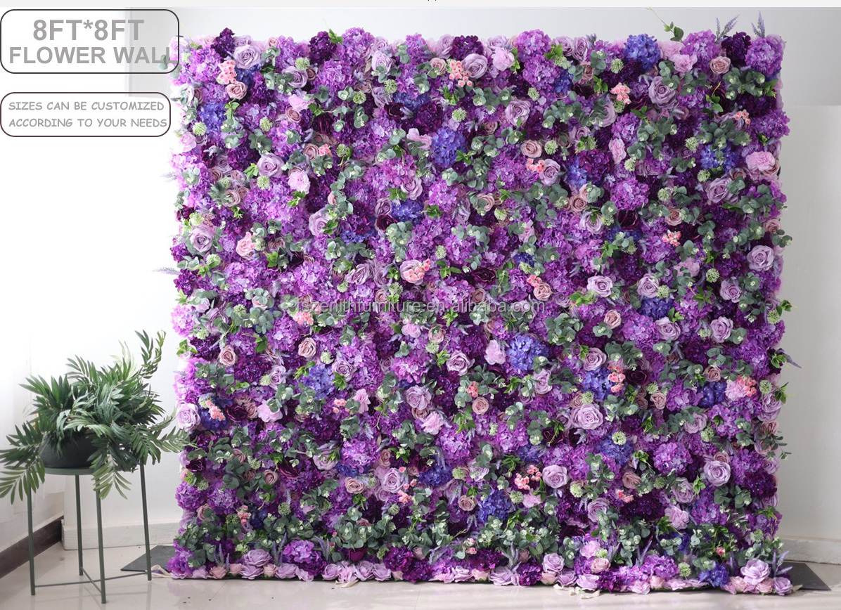 8ftX8ft Purple Flower Backdrop Wall Panel Green and Purple Artificial Outdoor Flower Wall for Wedding Decoration