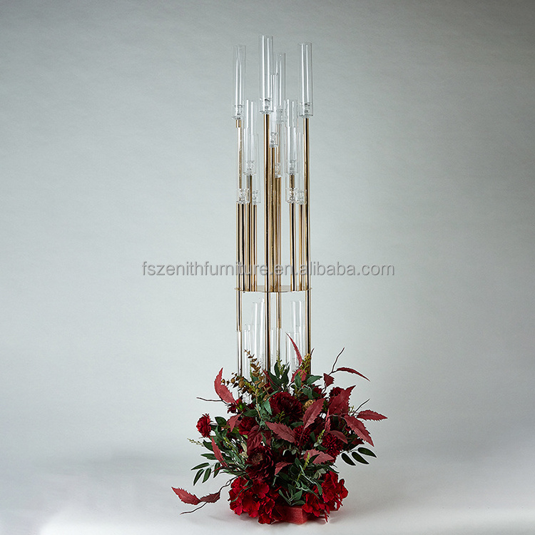 Wedding Centerpieces Table Decoration Metal Acrylic Candle Holder 2 Layers Extra Tall Candelabra Gold with Flower Base