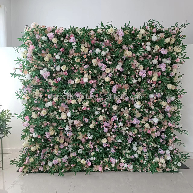 Top Quality Artificial Silk Flowers Pink and Green Flower Wall Wedding Decor Roll Up Flower Wall 2.4m