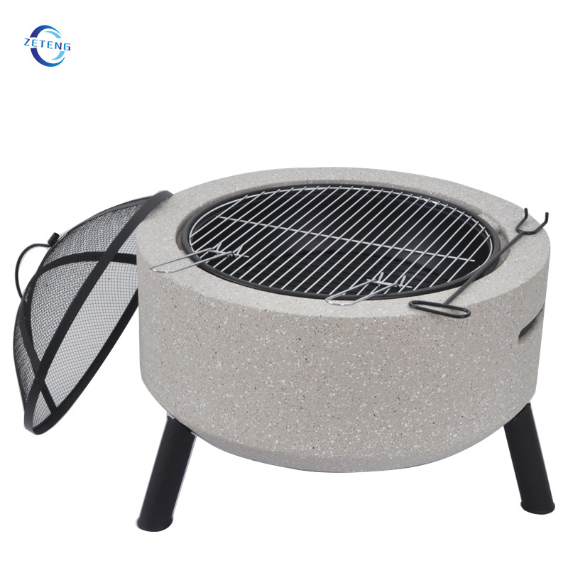 Fire Pit Outdoor Concrete Round Wood Burning Barbecue Grill Fire Pit Bowl with Grate 3 in 1 Marble look Fireplace