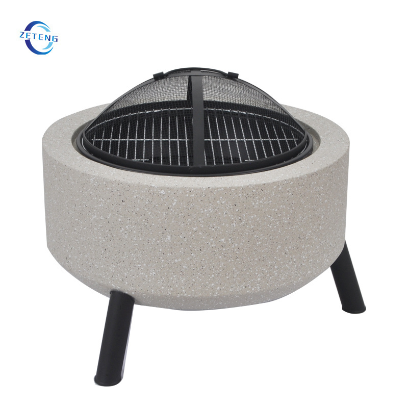 Fire Pit Outdoor Concrete Round Wood Burning Barbecue Grill Fire Pit Bowl with Grate 3 in 1 Marble look Fireplace