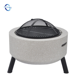 Fire Pit Outdoor Concrete Round Wood Burning Barbecue Grill Fire Pit Bowl with Grate 3 in 1 Marble look Fireplace