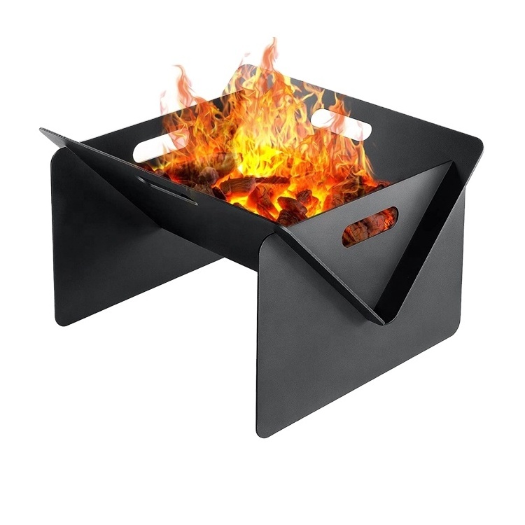 Squared Outdoor Steel Foldable Bonfire Wood Burning BBQ Portable Fire Pit For Camping