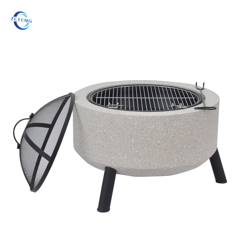 Fire Pit Outdoor Concrete Round Wood Burning Barbecue Grill Fire Pit Bowl with Grate 3 in 1 Marble look Fireplace