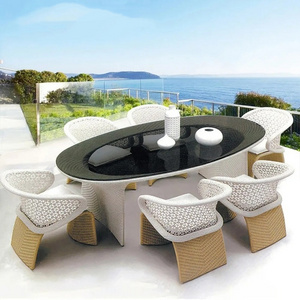 Luxury 7 pieces garden furniture set PE rattan woven outdoor patio dining table and chairs set