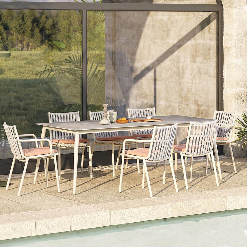 Modern luxury restaurant outdoor dining garden furniture braided rope rattan chair patio furniture