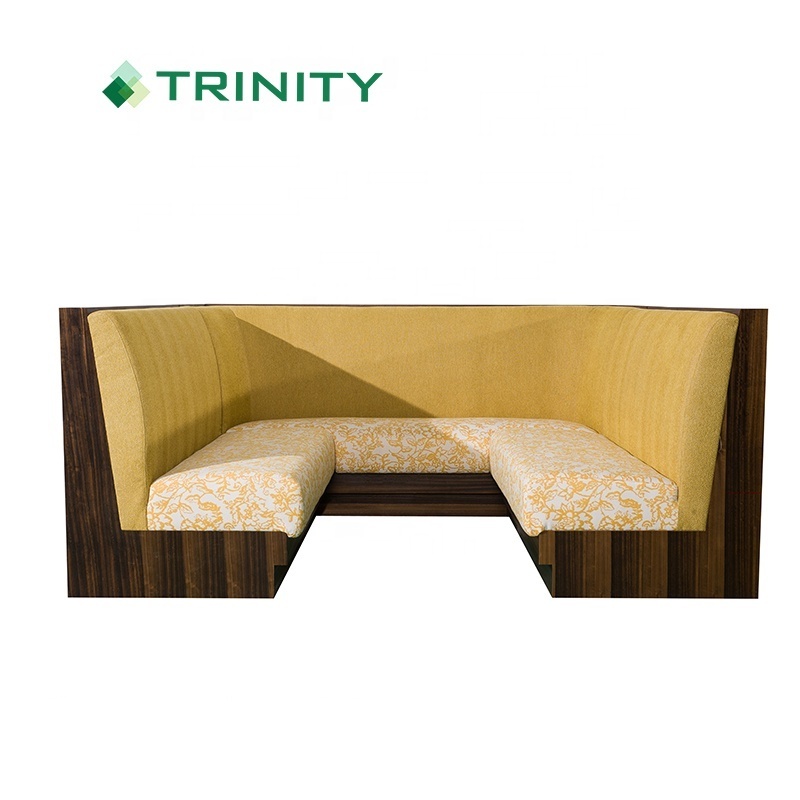 Custom high class modern yellow upholstered fabric wood veneer u shape sectional booth night club sofa