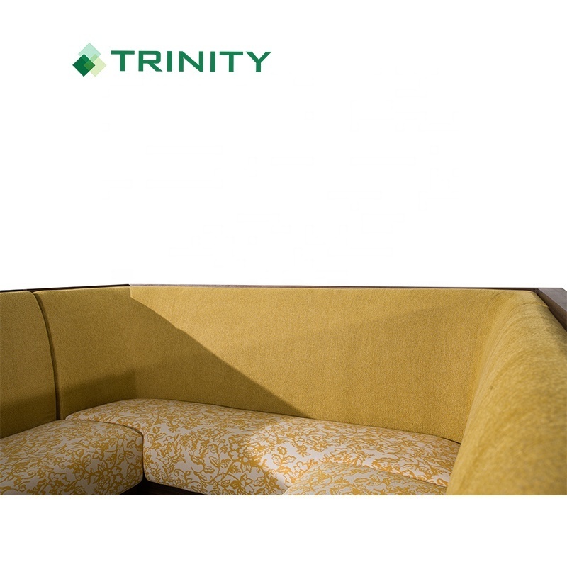 Custom high class modern yellow upholstered fabric wood veneer u shape sectional booth night club sofa