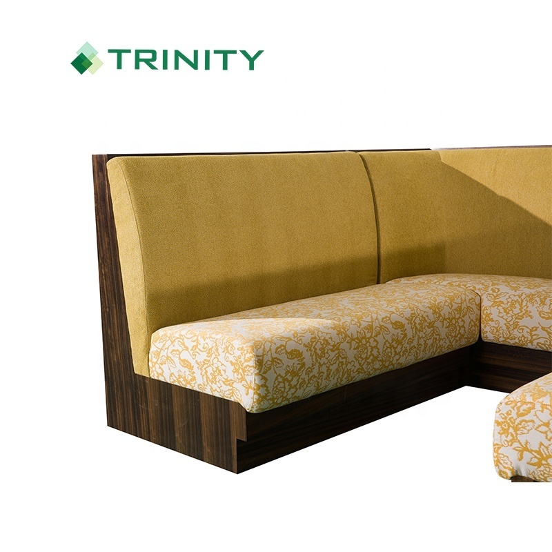 Custom high class modern yellow upholstered fabric wood veneer u shape sectional booth night club sofa