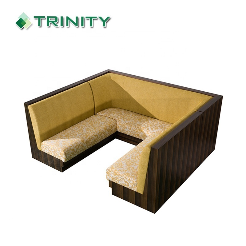 Custom high class modern yellow upholstered fabric wood veneer u shape sectional booth night club sofa