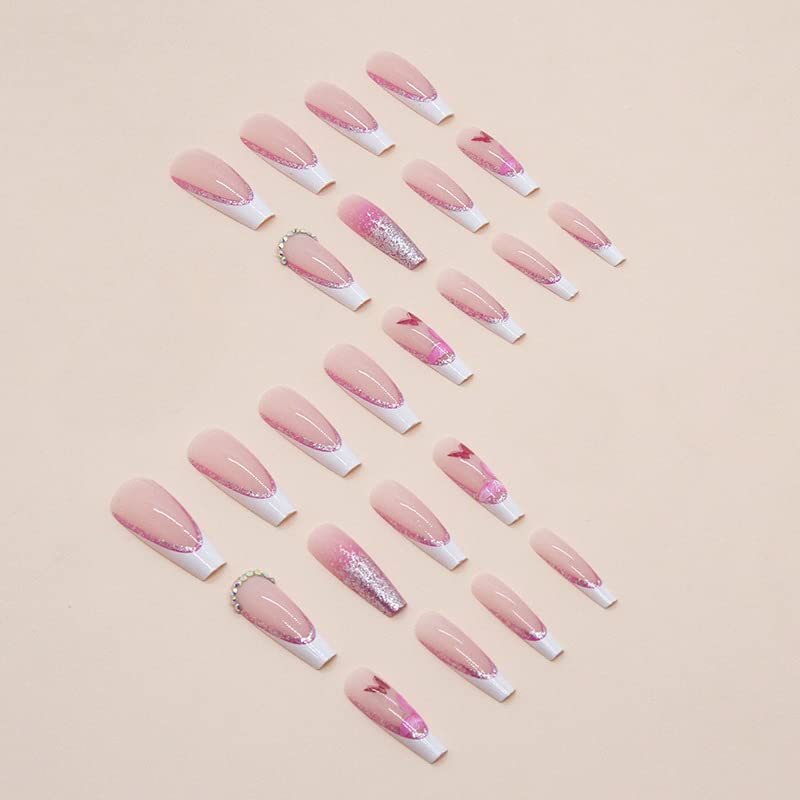 Long Coffin Pink Glitter Butterfly Rhinestone French Fake Nails Acrylic False Nail Tips Kit Glue on Nails for Women