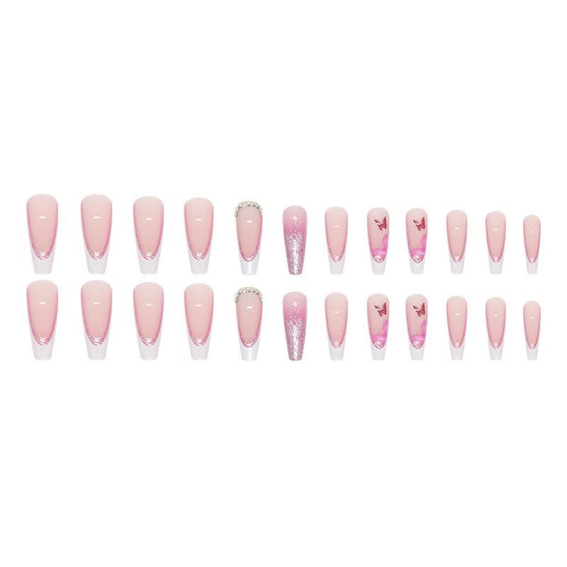 Long Coffin Pink Glitter Butterfly Rhinestone French Fake Nails Acrylic False Nail Tips Kit Glue on Nails for Women