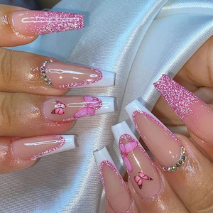 Long Coffin Pink Glitter Butterfly Rhinestone French Fake Nails Acrylic False Nail Tips Kit Glue on Nails for Women