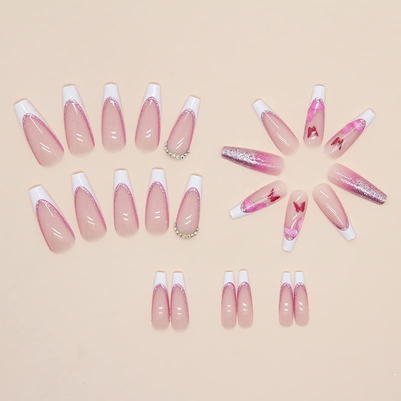 Long Coffin Pink Glitter Butterfly Rhinestone French Fake Nails Acrylic False Nail Tips Kit Glue on Nails for Women