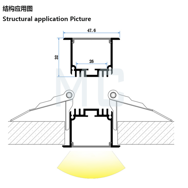 48mm LED aluminum channel linear profile lights false ceiling for rigid strip bar Double Wing for ceiling led light