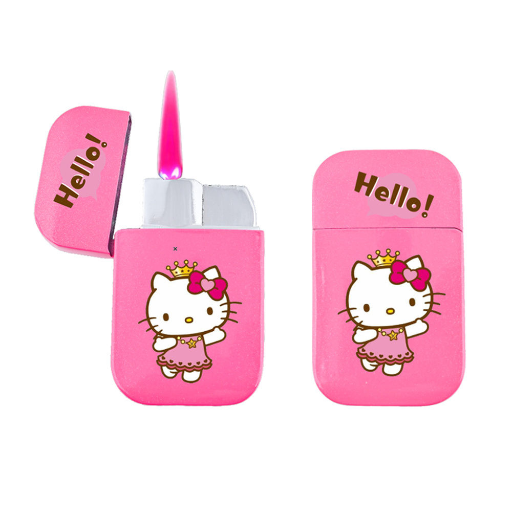 Custom Logo Pink Hello Kitty Lighter Windproof Pink Flame Cute Lighter