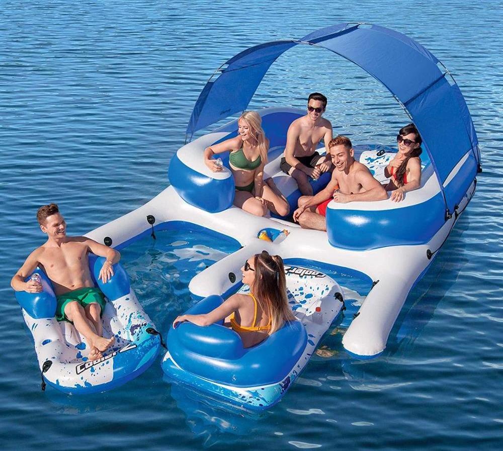 Cooler  Tropical Breeze III Inflatable 8-Person Floating Island with UV Sun Shade and Connecting Lounge Rafts