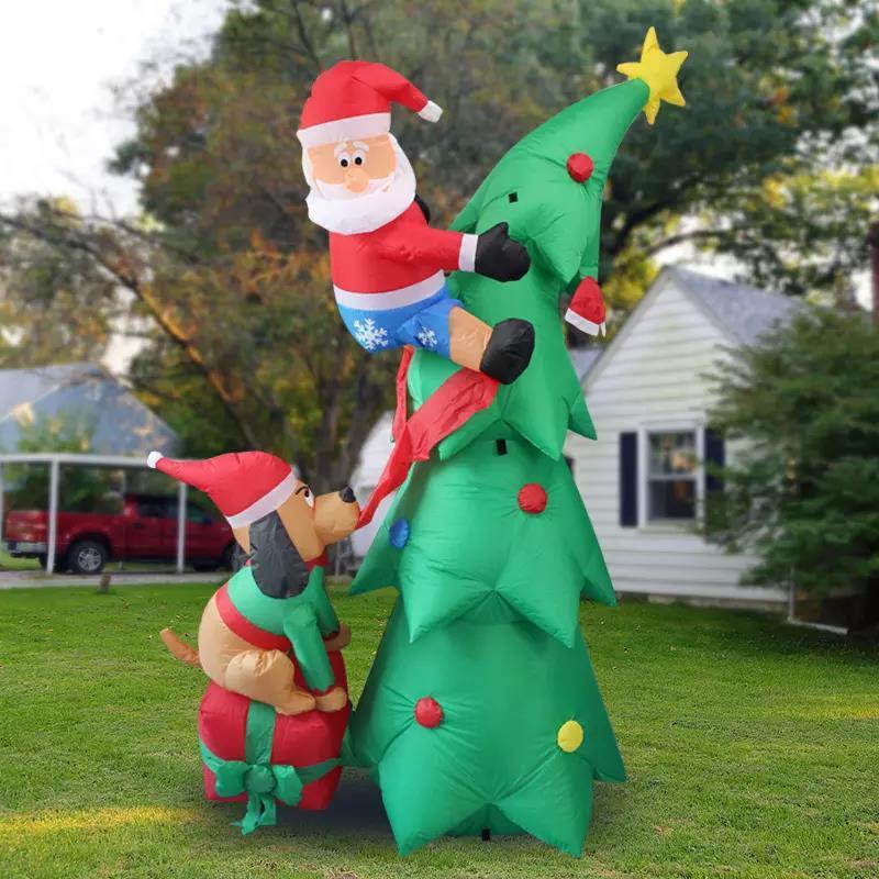 Factory Wholesale Large Funny Inflatable Dog With Santa Claus Climbing On The Tree Decoration Christmas Inflatable Tree