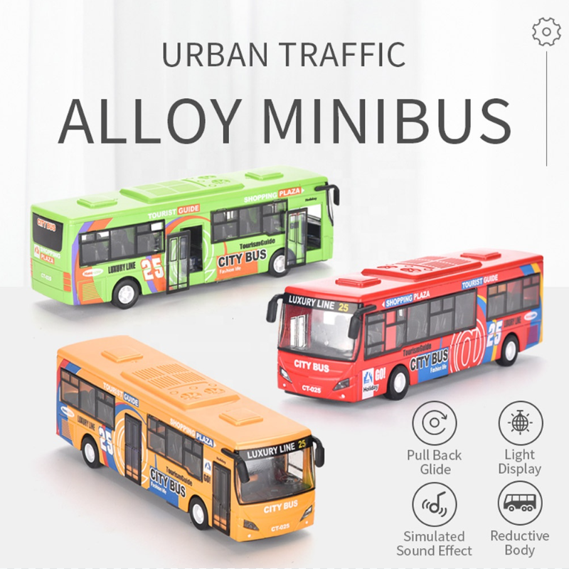 City Double Decker Bus Toy Die Cast Pull Back Vehicles Mini Bus Model Car Toys Lights and Music Diecast Bus Model