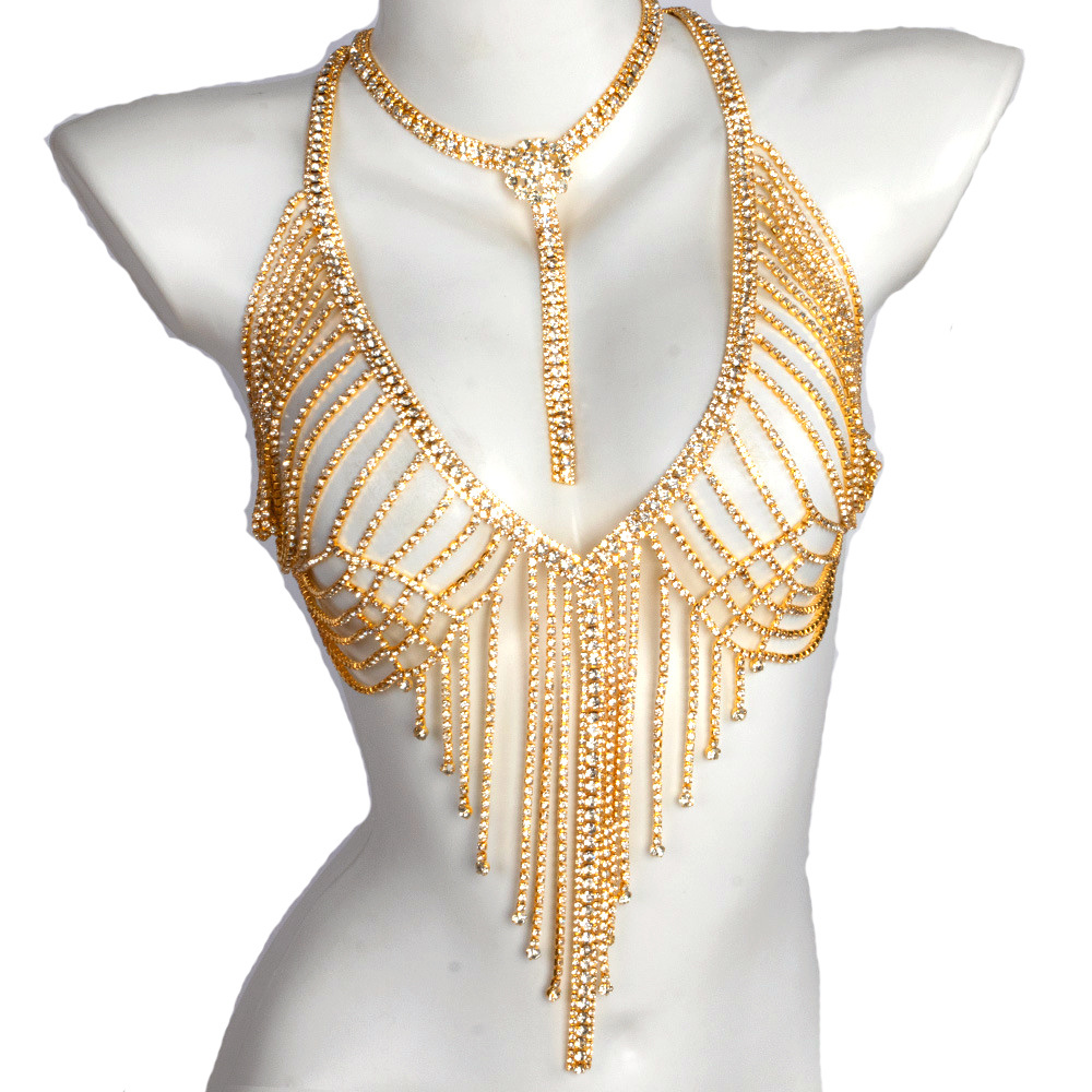 Sexy Bikini Shiny Crystal Thong Body Chain Rhinestone Bra with Thong Set Gold plated Chain Women Jewelry accessories