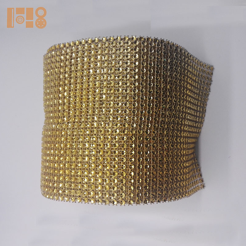 Hot Selling 24 Rows 4mm Gold Base Mesh Trimming Plastic Rhinestone Sew On Mesh Trim