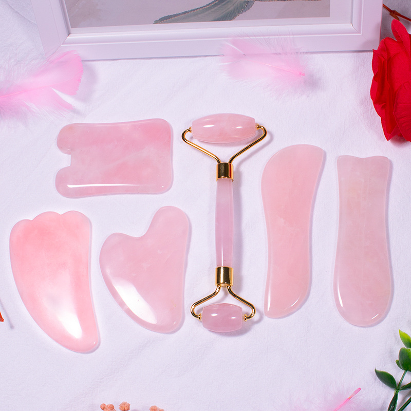 100% Natural Crystal Rose Quartz Stone Massage Tool Facial Beauty Set Jade Facial Roller Gua Sha Guasha Scraping Stone