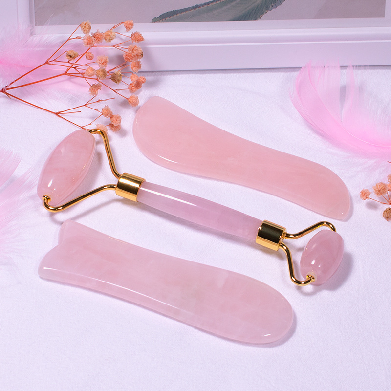 100% Natural Crystal Rose Quartz Stone Massage Tool Facial Beauty Set Jade Facial Roller Gua Sha Guasha Scraping Stone