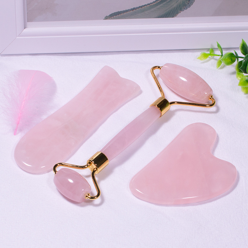 100% Natural Crystal Rose Quartz Stone Massage Tool Facial Beauty Set Jade Facial Roller Gua Sha Guasha Scraping Stone