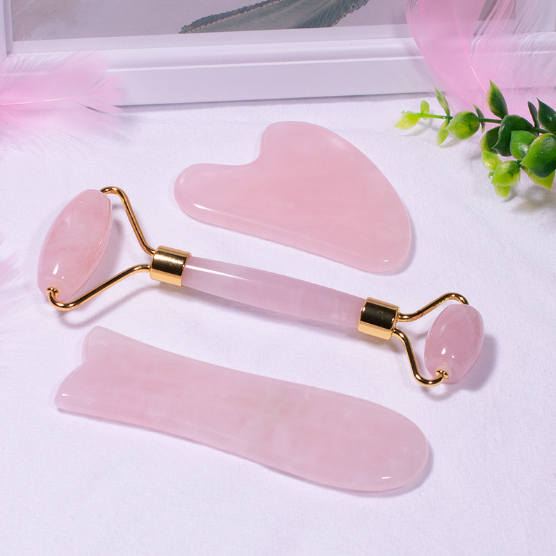 100% Natural Crystal Rose Quartz Stone Massage Tool Facial Beauty Set Jade Facial Roller Gua Sha Guasha Scraping Stone