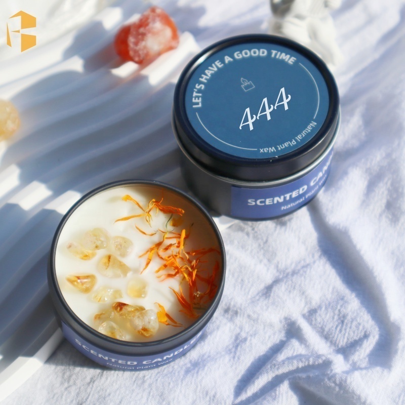 Home Decor Luxury Tin Can Candle Jar Cotton Wick Soy Wax Candle Dried Flower Natural Crystal Scented Candle