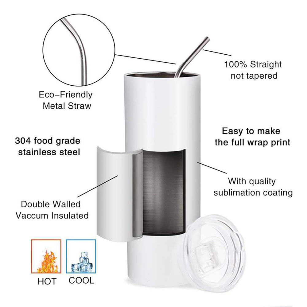 Fuboom 20oz ounce stainless steel insulated white skinny straight sublimation blank tumbler 20 oz with straw