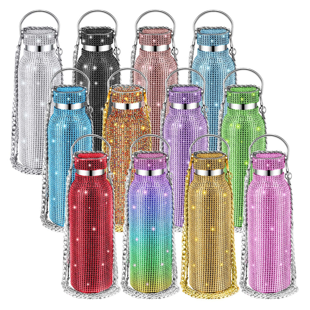 17 oz Bling Rhinestone Bottles Bulk Glitter Stainless Steel Water Bottle Insulated Thermal Diamond Water Bottle with Chain