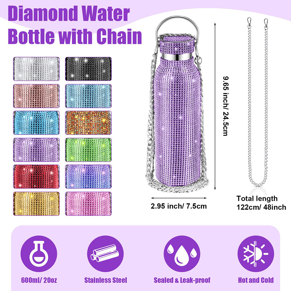 17 oz Bling Rhinestone Bottles Bulk Glitter Stainless Steel Water Bottle Insulated Thermal Diamond Water Bottle with Chain