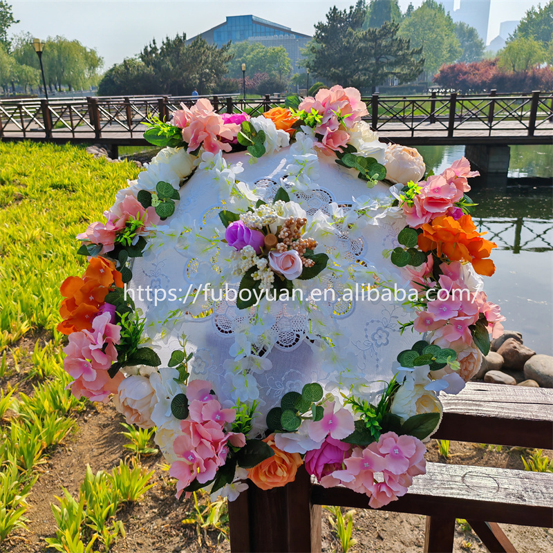 INS Wedding Props Floral Decor White Lace Umbrella Flower Centerpiece Bridal Artificial Flower Umbrella with Flowers for Wedding