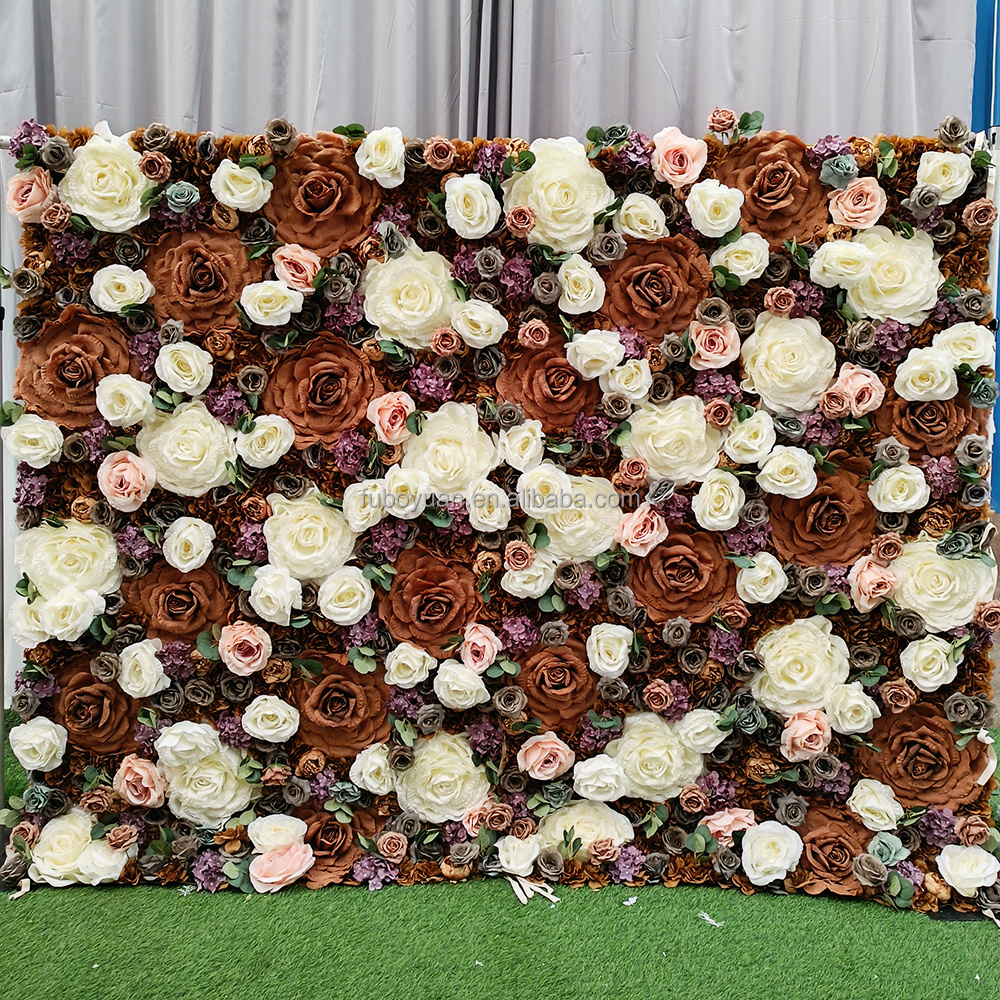 Vintage Floral 3D Roll Up Artificial Silk Rose Flower Wall Backdrop Panel Pink Purple Flower Wall for Wedding Home Salon Decor