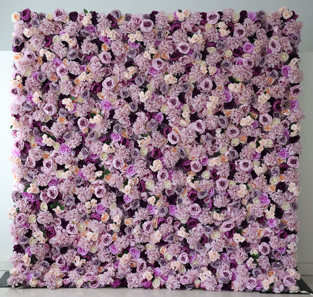 Vintage Floral 3D Roll Up Artificial Silk Rose Flower Wall Backdrop Panel Pink Purple Flower Wall for Wedding Home Salon Decor