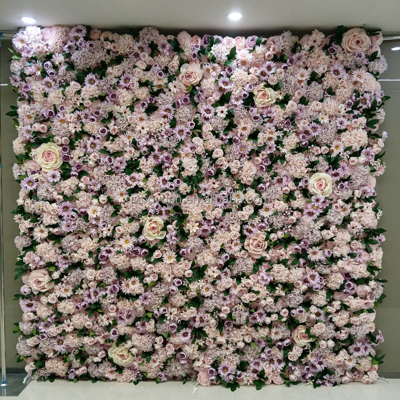 Vintage Floral 3D Roll Up Artificial Silk Rose Flower Wall Backdrop Panel Pink Purple Flower Wall for Wedding Home Salon Decor