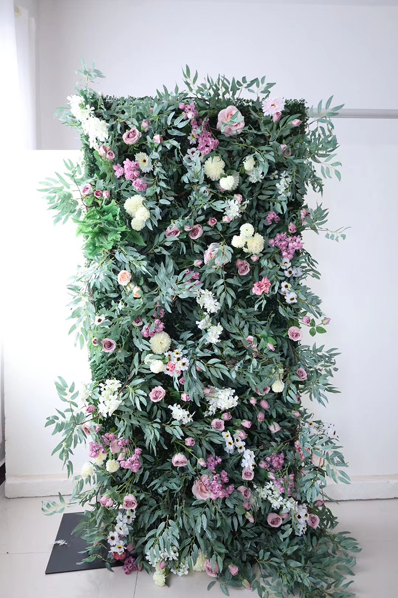 F173 3D Rolled Up Pink Flower Backdrop Party Decoration Wedding Party Decorative Flowers Green Leaves Artificial Plant Wall