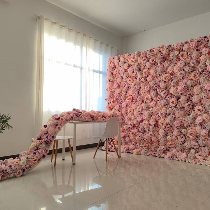 V619 Custom 3D Roll Up Fabric Cloth Base Pink Silk Rose Flowerwall Backdrop Panel Decor Artificial Flower Wall for Wedding Decor