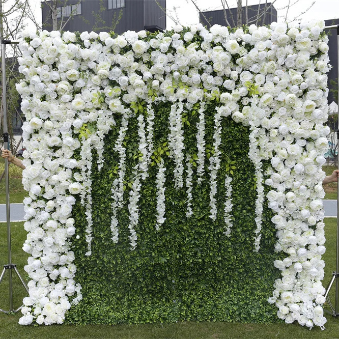 E- Custom wedding backdrop event decor flower wall artificial faux green pink rose flower panel salon decor