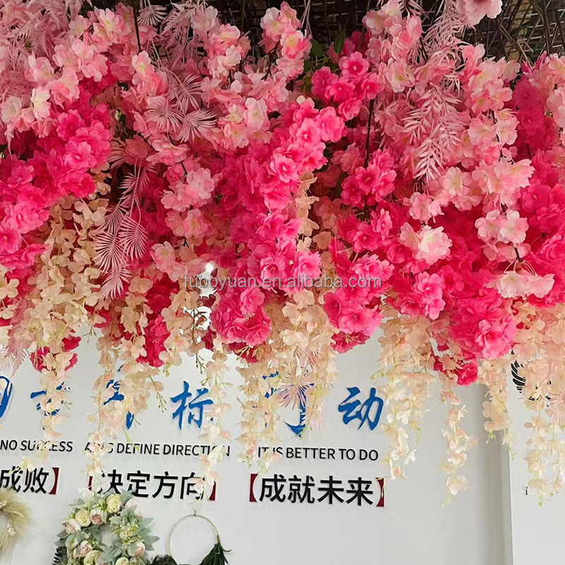 Pink Artificial Silk Cherry Blossom Flower Vine with Wisteria Wedding Ceiling Decor Hanging Flower Garland of Artificial Flowers