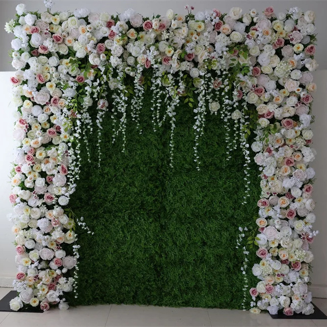 E- Custom wedding backdrop event decor flower wall artificial faux green pink rose flower panel salon decor