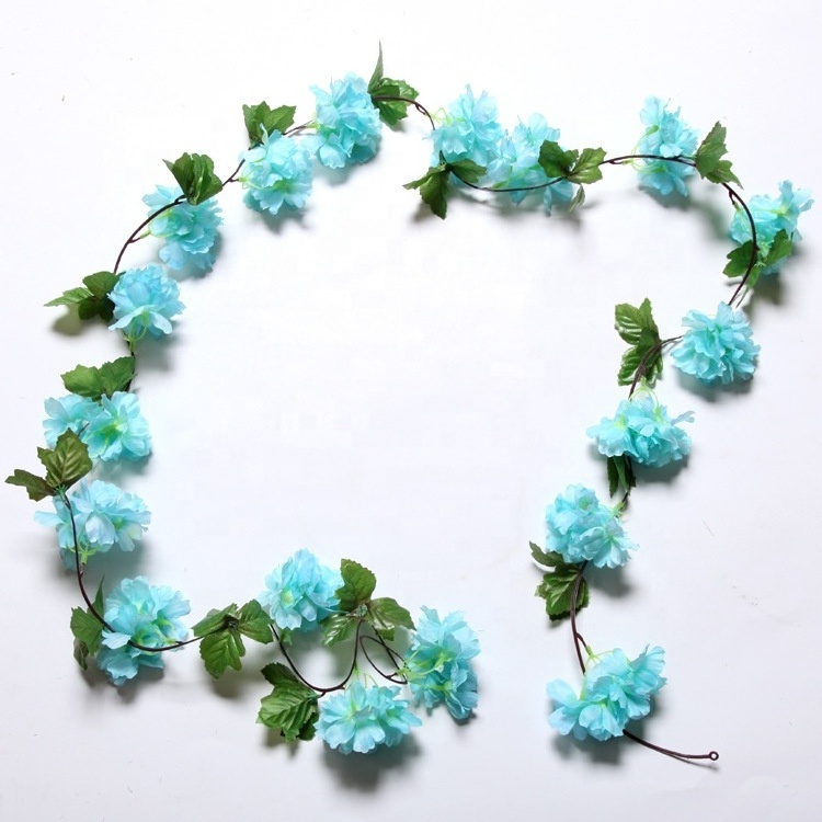 W06183 Fake White Romantic Ceiling Garden Decor Green Leaves Silk Sakura Flowers Artificial Cherry Blossom Garland